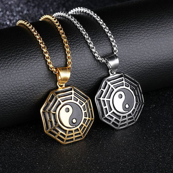 Titanium Steel Bagua Yin Yang Necklace - Gold and silver Bagua pendants side by side, dual color comparison