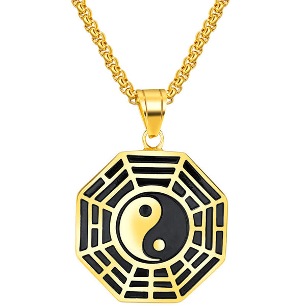 Titanium Steel Bagua Yin Yang Necklace - Gold Bagua pendant front view on white, e-commerce product shot