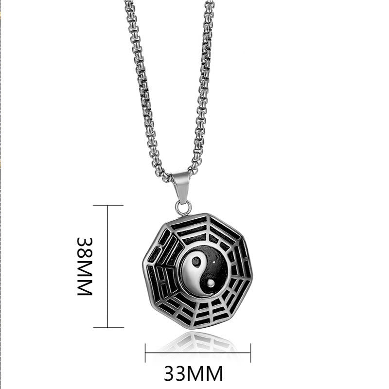 Titanium Steel Bagua Yin Yang Necklace - Silver Bagua pendant with 38x33mm dimensions on white, catalog photo