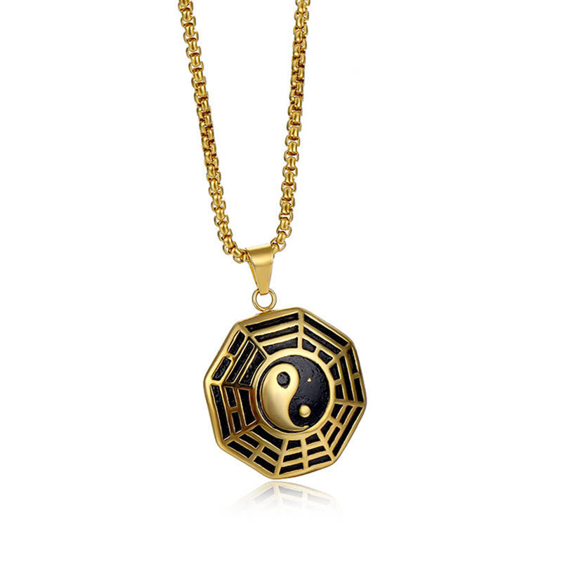 Titanium Steel Bagua Yin Yang Necklace - Gold Bagua Yin Yang pendant front view on white background, Taoist amulet
