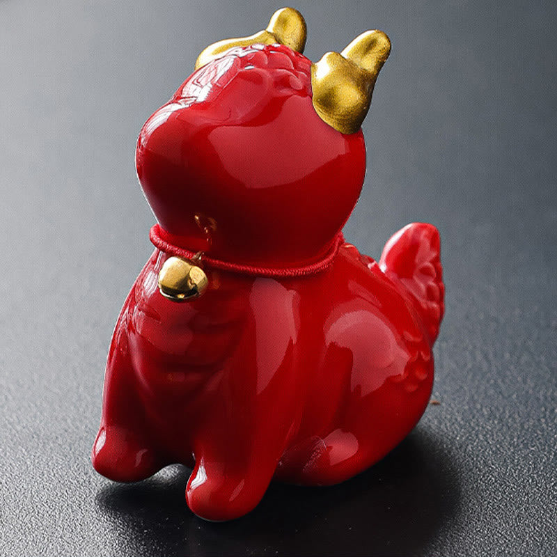 Ceramic Dragon Bell Incense Burner – red variant three-quarter rear, gold accents and bell, Celebration