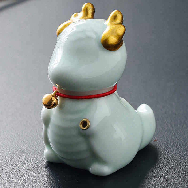 Ceramic Dragon Bell Incense Burner – celadon rear view showing gold spine and tail, cracked glaze, Artistry