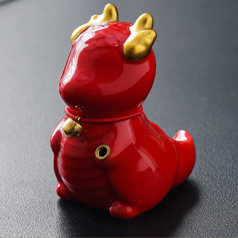 Ceramic Dragon Bell Incense Burner – vibrant red glaze with gold horns and bell, side profile, Prosperity