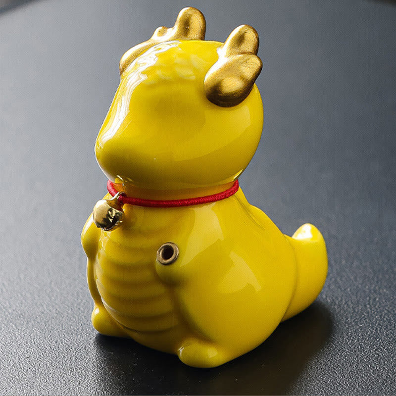 Ceramic Dragon Bell Incense Burner – glossy yellow variant with gold accents, elevated side view, Joy