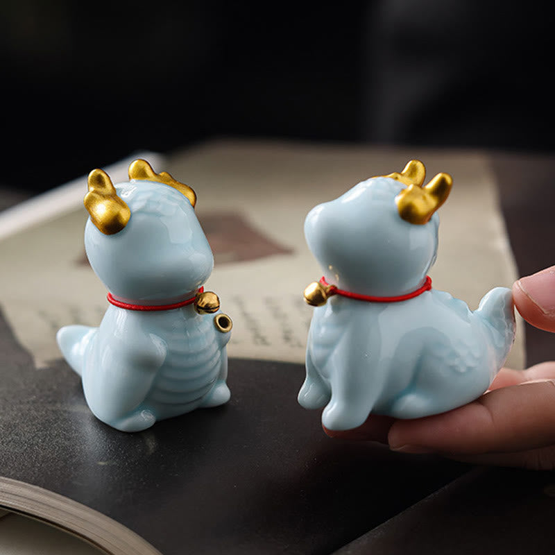 Ceramic Dragon Bell Incense Burner – pair of celadon dragons with book in background, companionship, Bond