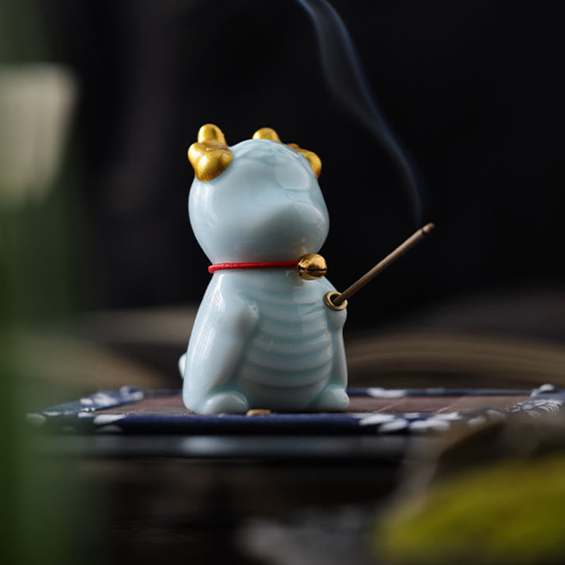 Ceramic Dragon Bell Incense Burner – celadon dragon with gold horns and red bell collar, smoke rising, Charm
