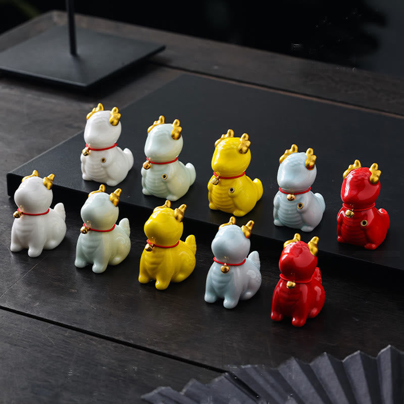 Ceramic Dragon Bell Incense Burner – four color variants displayed on tiered black stand, collectible set, Fortune