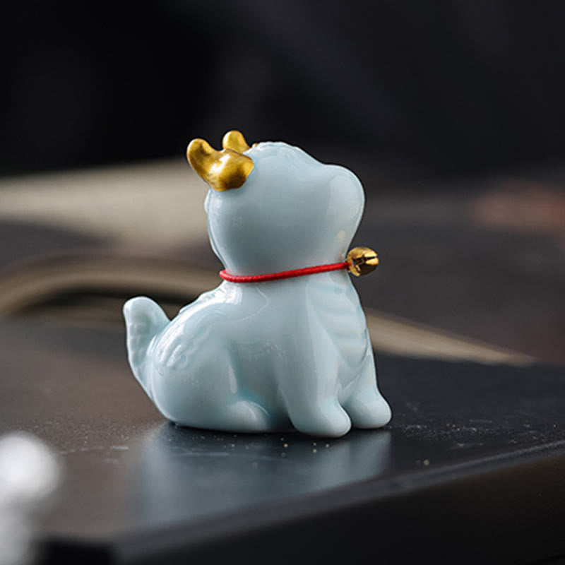 Ceramic Dragon Bell Incense Burner – white dog variant with gold ears, rear three-quarter view, Loyalty