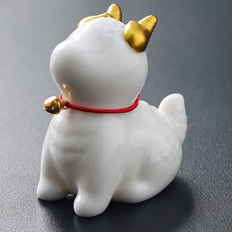 Ceramic Dragon Bell Incense Burner – celadon dog variant with gold ears and bell, rear view, Companionship