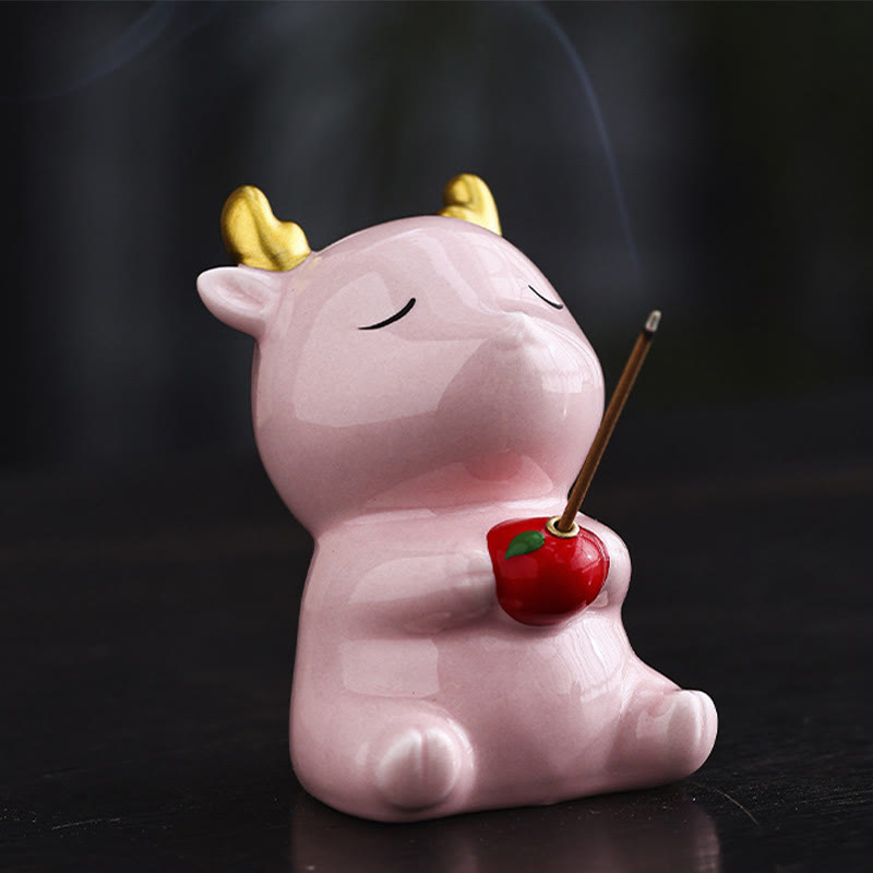 Deer Ceramic Incense Burner – White and pink deer pair facing each other, gold antlers, incense smoke, ceramic set