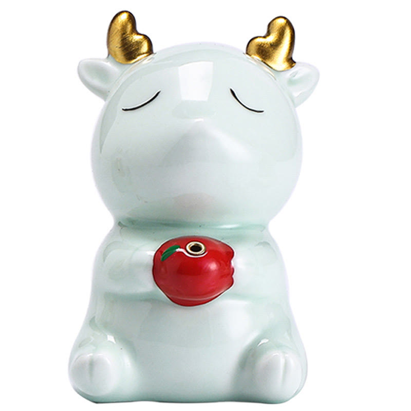 Deer Ceramic Incense Burner – Pink deer with gold antlers, smoke from red apple, glossy ceramic incense holder