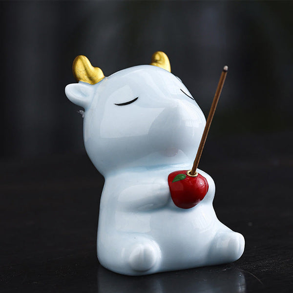 Deer Ceramic Incense Burner – Glossy red deer with gold antlers, gold apple incense holder, ceramic figurine