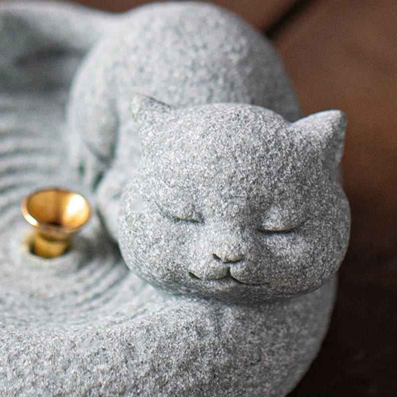 Lazy Cat Sandstone Incense Burner – cat face close-up on warm tan background, incense holder detail, stone texture macro