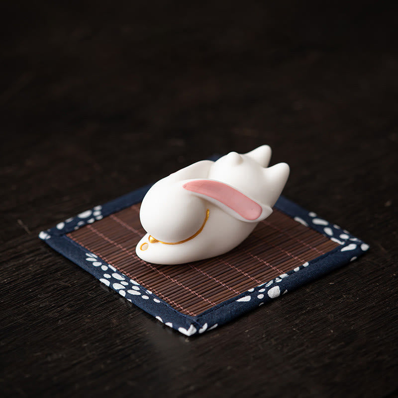 Flying Rabbit Ceramic Incense Burner – white rabbit on bamboo mat with floral border, ceramic incense burner