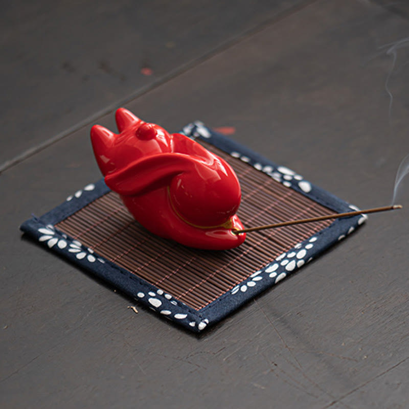 Flying Rabbit Ceramic Incense Burner – red rabbit on back with incense and smoke, ceramic incense burner