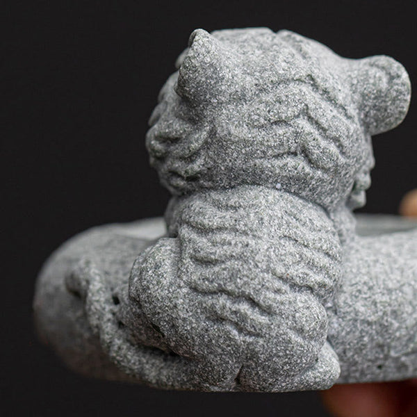 Chinese Zodiac Sandstone Incense Burner – striped tiger hugging base, dark background, stone texture detail, zodiac decor