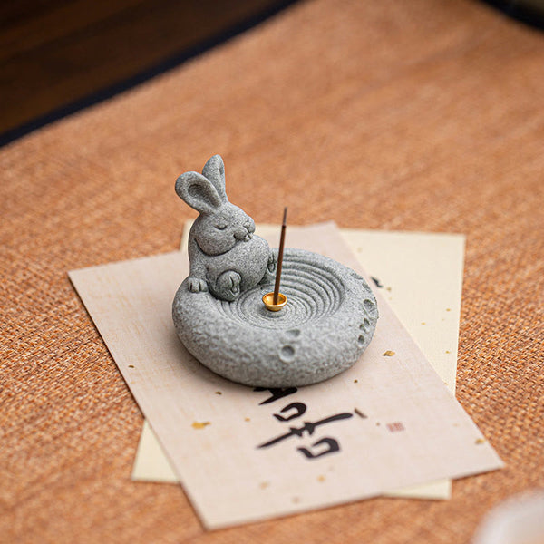 Chinese Zodiac Sandstone Incense Burner – rabbit on calligraphy paper, burning incense, traditional Chinese cultural decor