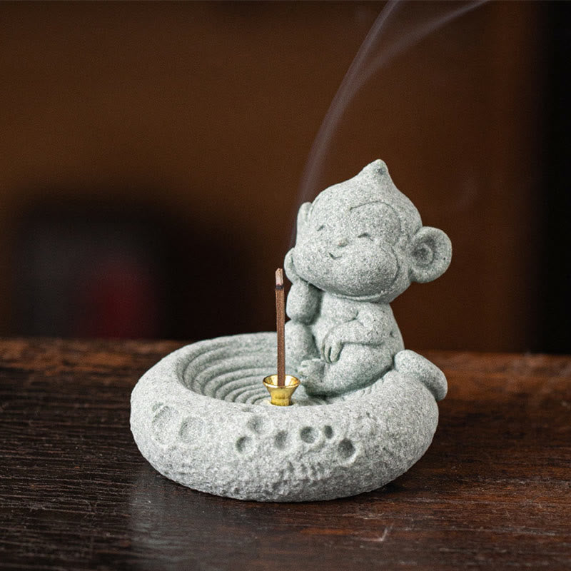 Chinese Zodiac Sandstone Incense Burner – round chick on woven mat, ripple base, gold incense cup, cute bird figurine