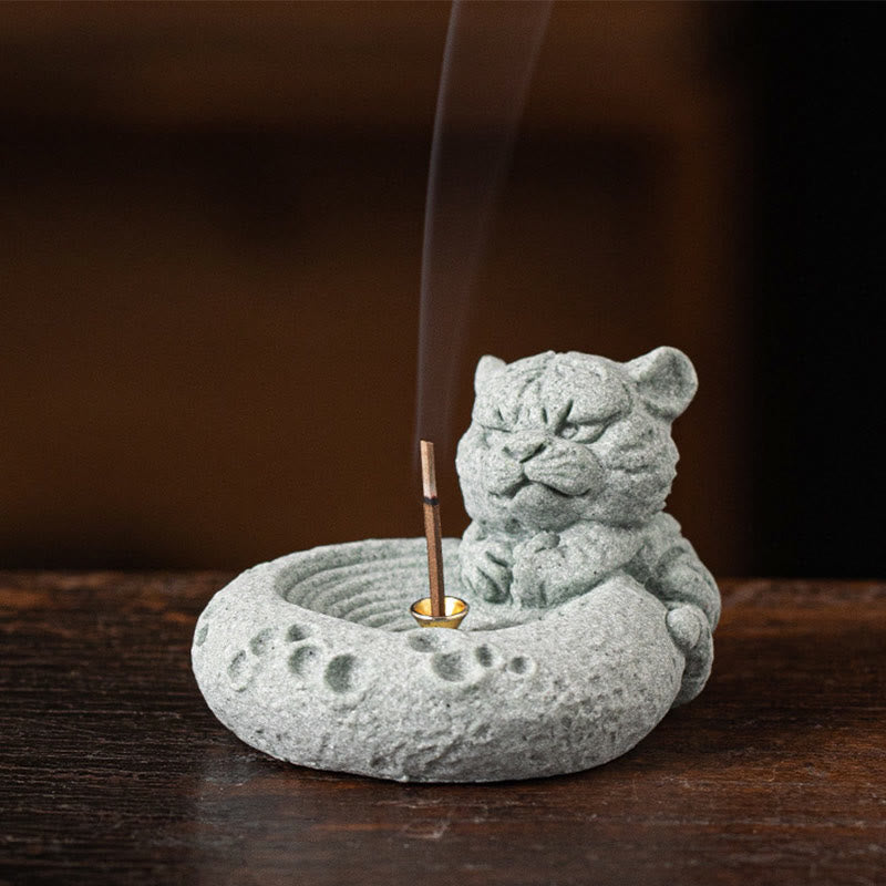 Chinese Zodiac Sandstone Incense Burner – grumpy cat figurine with incense on dark wood, smoke rising, expressive zen decor
