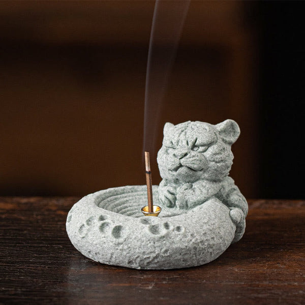 Chinese Zodiac Sandstone Incense Burner – grumpy cat figurine with incense on dark wood, smoke rising, expressive zen decor