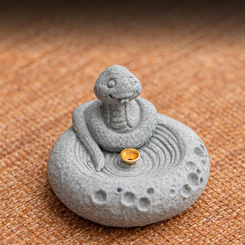 Chinese Zodiac Sandstone Incense Burner – coiled snake with robe on tan fabric, zen ripple base, brass incense cup