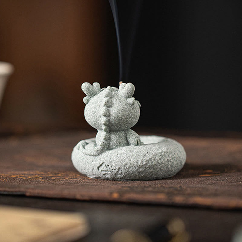 Chinese Zodiac Sandstone Incense Burner – dragon with curved horns on woven mat, ripple base, gold incense cup, cute mythic