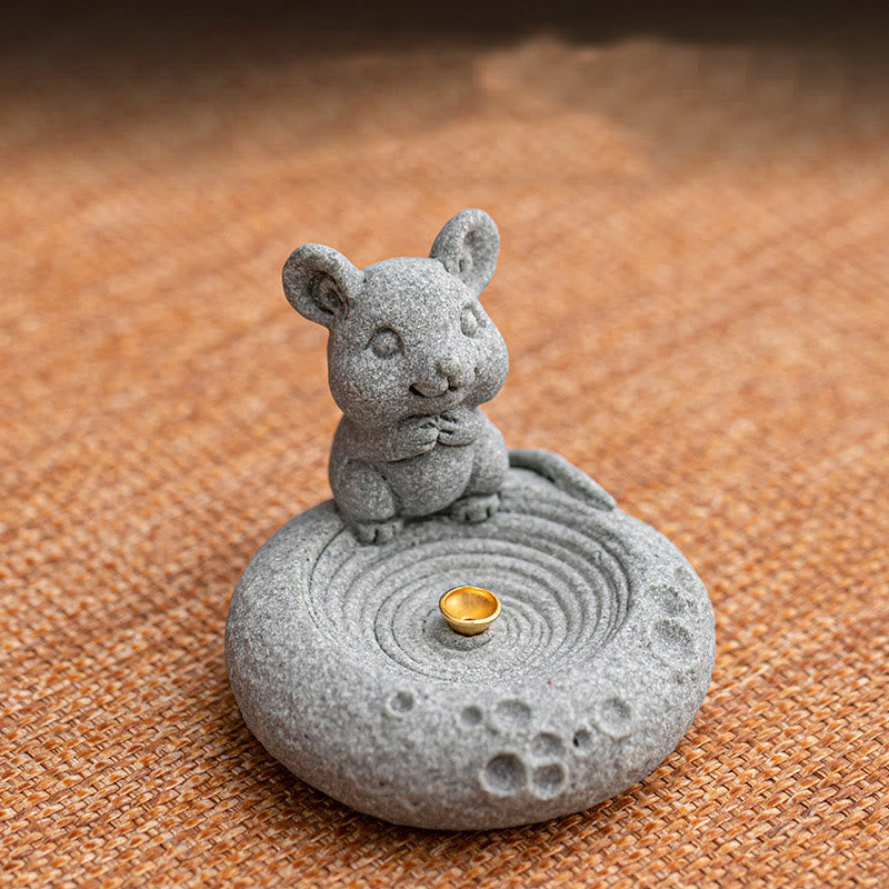 Chinese Zodiac Sandstone Incense Burner – cute rat on circular base with brass holder, tan fabric background, zodiac gift