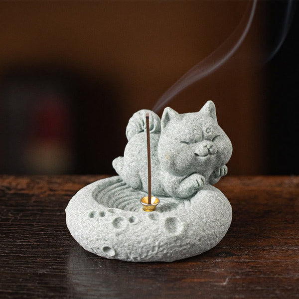 Chinese Zodiac Sandstone Incense Burner – pig seated on woven mat, ripple base, gold incense cup, content zodiac figurine
