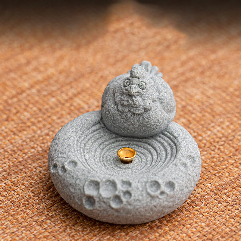 Chinese Zodiac Sandstone Incense Burner – smiling pig leaning on basin with incense, dark wood, cloud motif base, zodiac d...