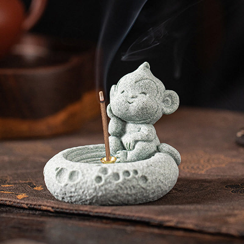 Chinese Zodiac Sandstone Incense Burner – baby chick on nest base with incense, dark wood, feather texture, bird zodiac decor