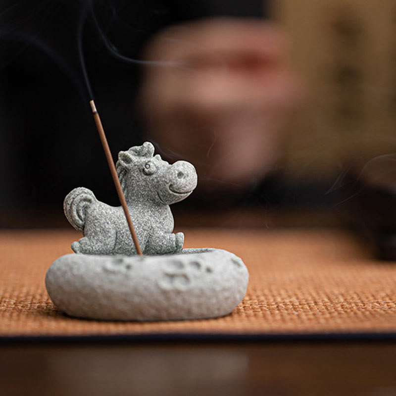 Chinese Zodiac Sandstone Incense Burner – monkey in contemplation with incense, dark wood, teapot nearby, zen meditation pose