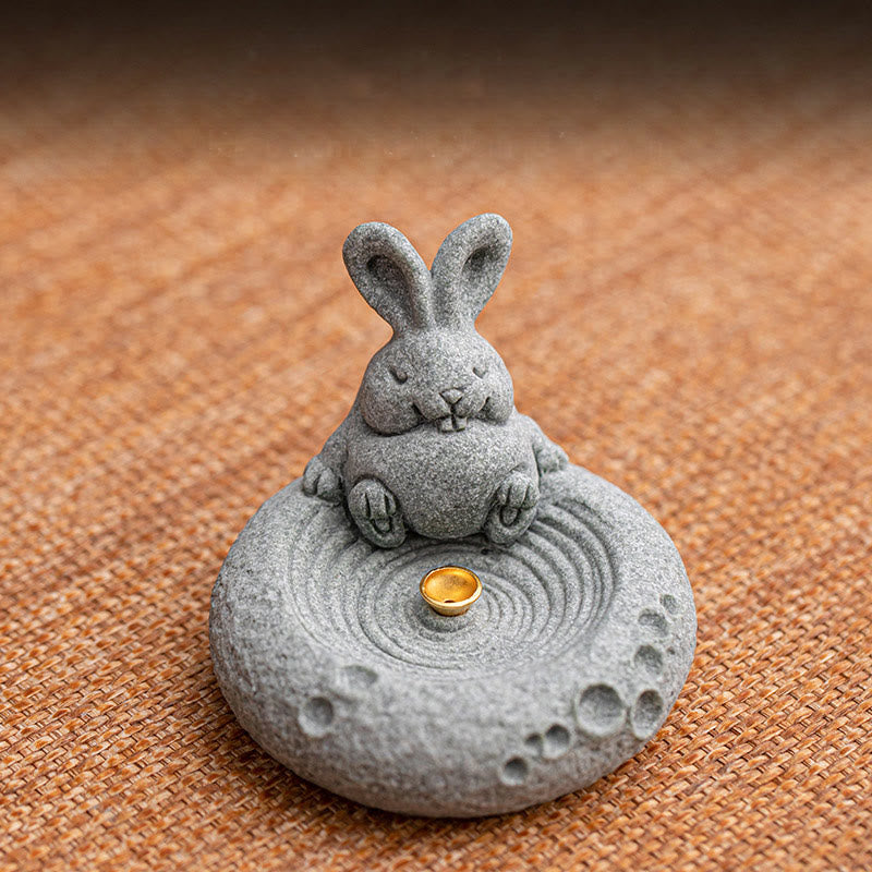Chinese Zodiac Sandstone Incense Burner – rabbit on brown woven mat, moon-themed base, gold incense holder, zen aesthetic