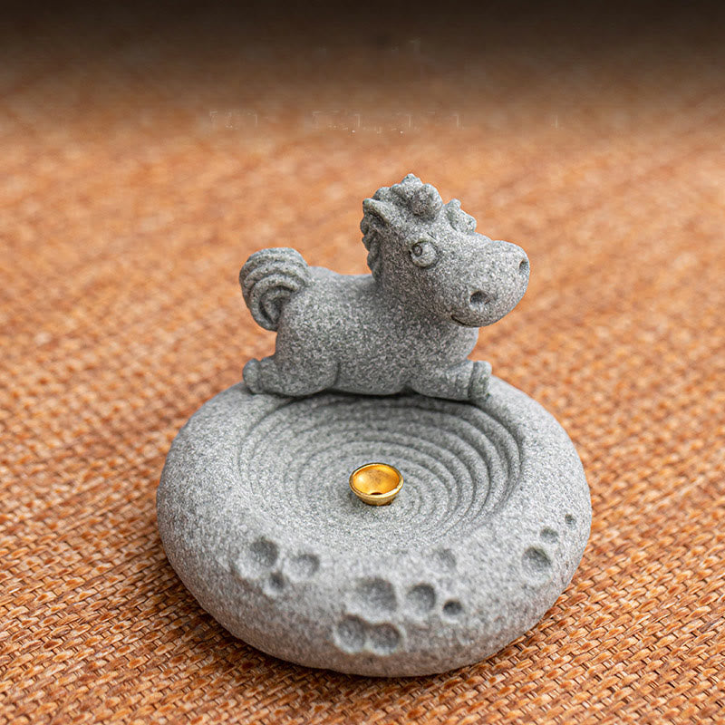 Chinese Zodiac Sandstone Incense Burner – sheep reclining on dark polished wood, brass holder, smoke wisps, wool texture d...