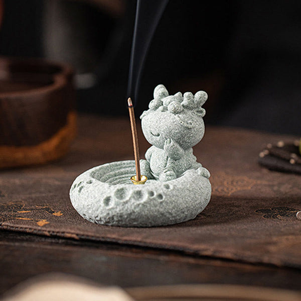 Chinese Zodiac Sandstone Incense Burner – dragon praying with incense smoke, dark rustic wood, zen meditation figurine