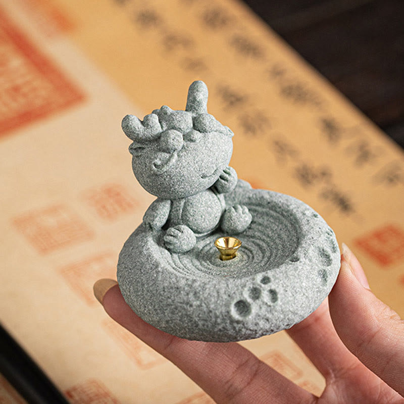 Chinese Zodiac Sandstone Incense Burner – cat paws on zen base with incense, paw print rim, dark wood, feline detail