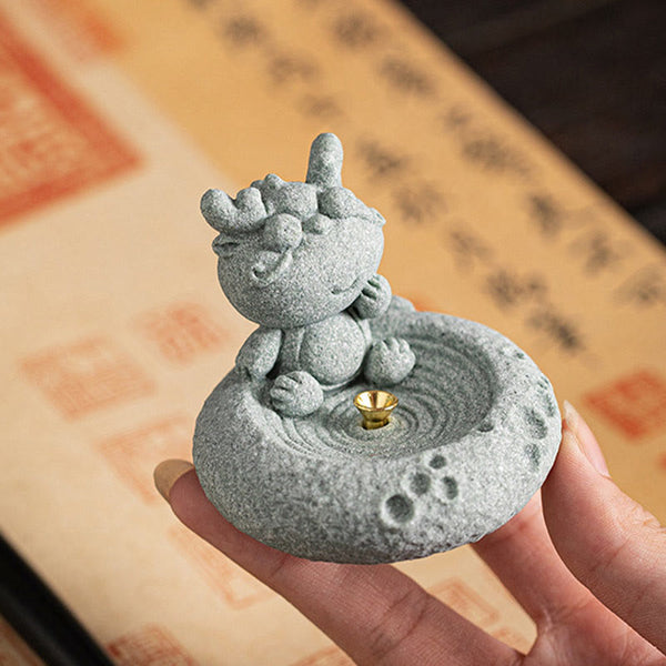 Chinese Zodiac Sandstone Incense Burner – cat paws on zen base with incense, paw print rim, dark wood, feline detail
