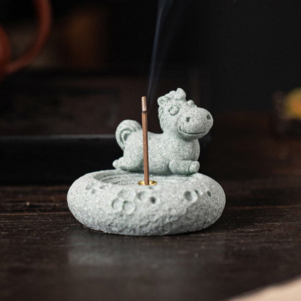Chinese Zodiac Sandstone Incense Burner – sheep on brown woven mat, curly wool, ripple base, gold incense cup, cute zodiac