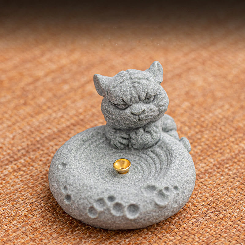 Chinese Zodiac Sandstone Incense Burner – tiger in zen meditation pose, woven fabric backdrop, brass incense insert, zodiac