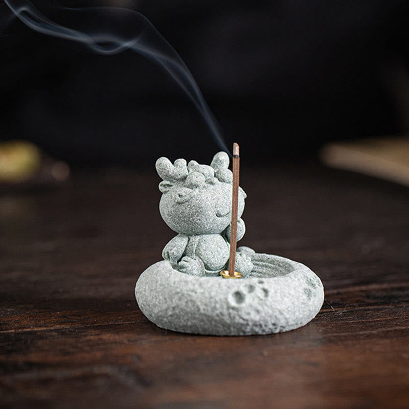 Chinese Zodiac Sandstone Incense Burner – dragon with incense stick, dark minimalist setting, brass insert, mythical zen art