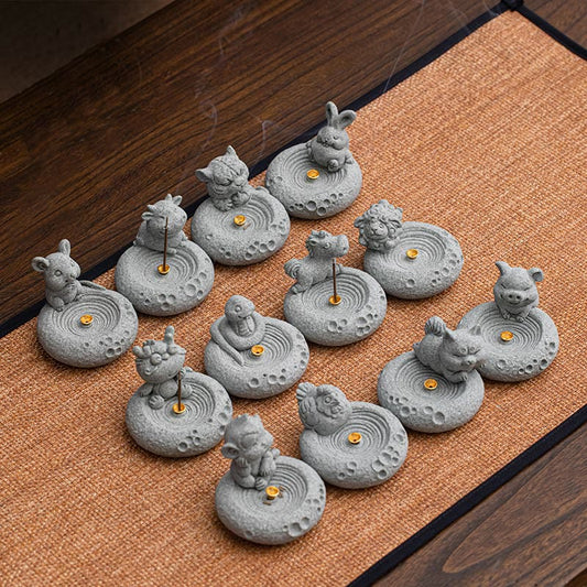 Chinese Zodiac Sandstone Incense Burner – complete set of twelve zodiac animals on woven mat, multiple incense burning