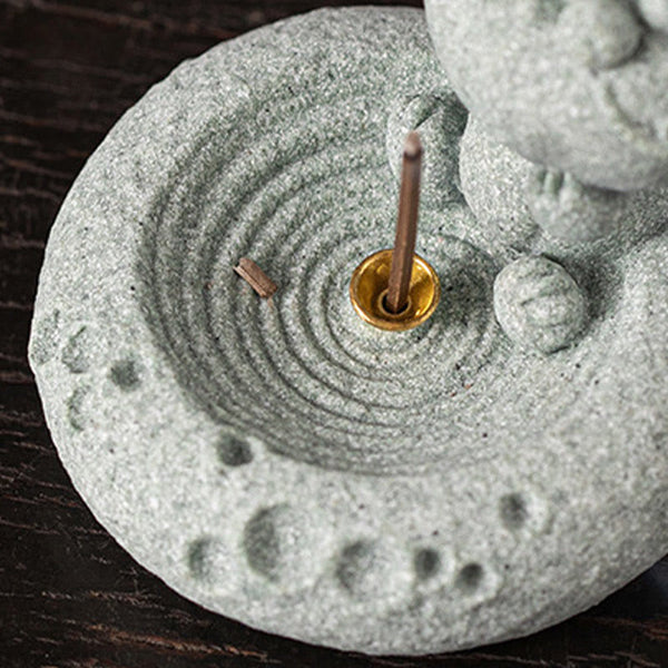 Chinese Zodiac Sandstone Incense Burner – horse lying down with burning incense, dark wood, flowing mane, zodiac stone art