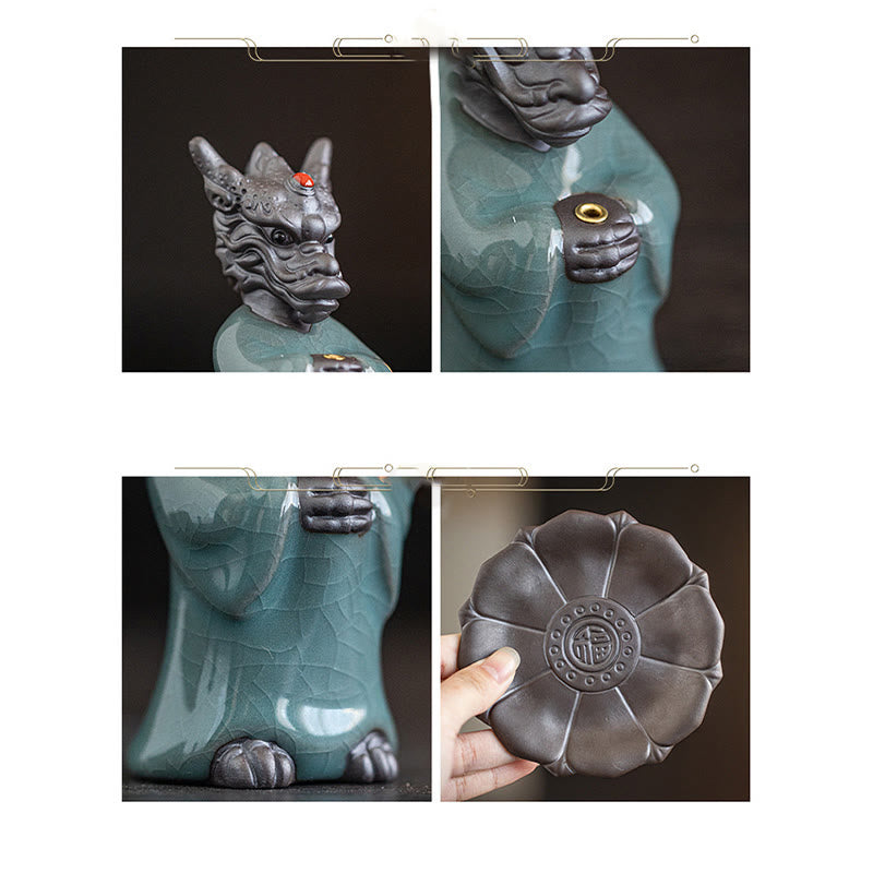 Ceramic Dragon King Incense Burner – side profile with dimension annotations, technical view, Precision