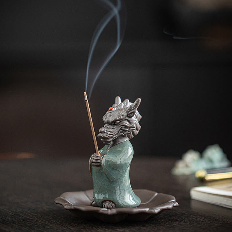 Ceramic Dragon King Incense Burner – rear view showing robe details and incense placement, Calm