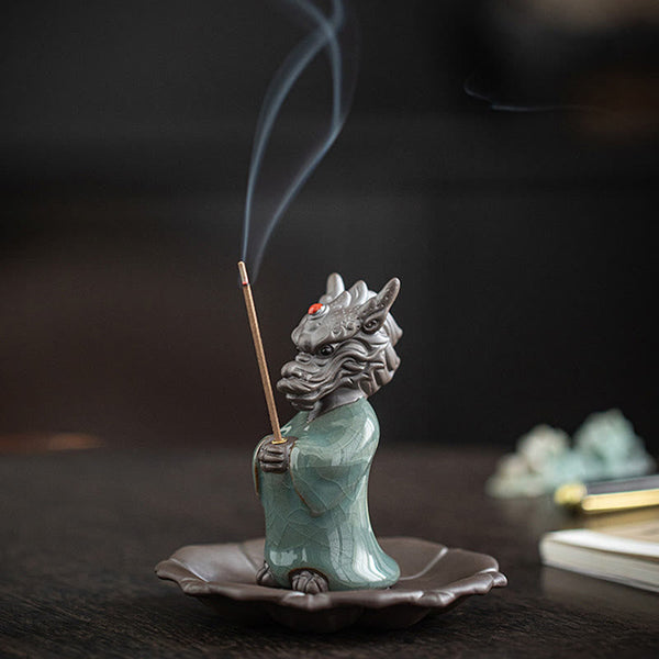Ceramic Dragon King Incense Burner – rear view showing robe details and incense placement, Calm