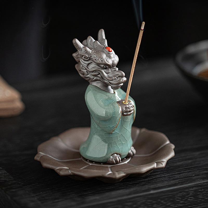 Ceramic Dragon King Incense Burner – metallic dragon head with jade-green robe, three-quarter view, Protection