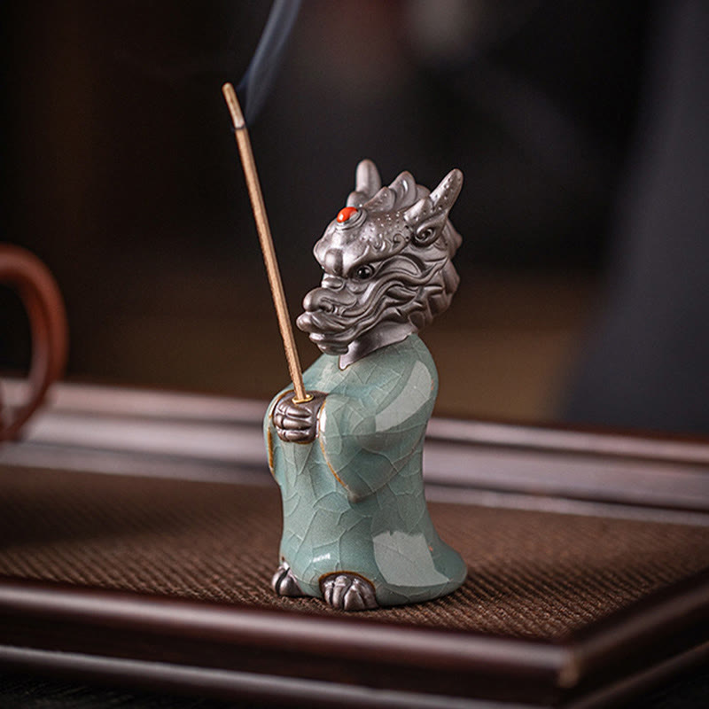 Ceramic Dragon King Incense Burner – low angle with scroll and brush foreground, Zen, Tranquility