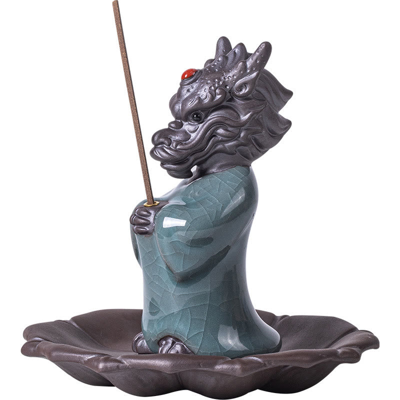 Ceramic Dragon King Incense Burner – dragon head and robe texture close-up, red gem detail, Guardian