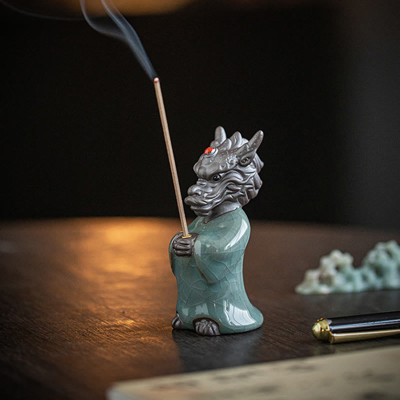 Ceramic Dragon King Incense Burner – three-quarter side with smoke and dark bokeh, art photography, Elegance
