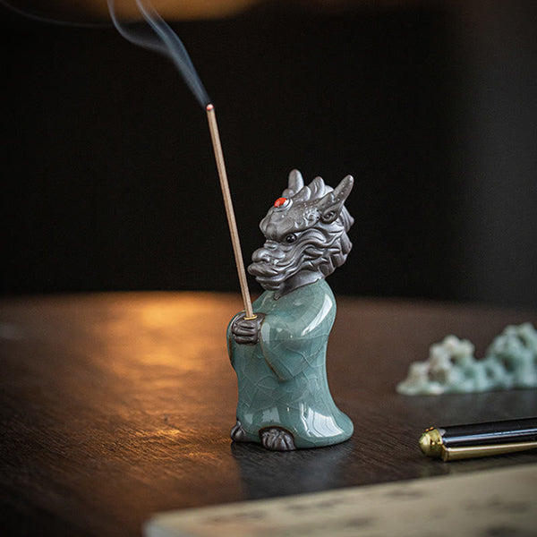 Ceramic Dragon King Incense Burner – three-quarter side with smoke and dark bokeh, art photography, Elegance