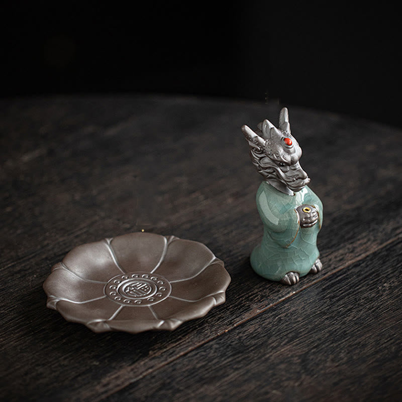 Ceramic Dragon King Incense Burner – celadon robed figure with lotus base on dark wood, two-piece set, Tradition
